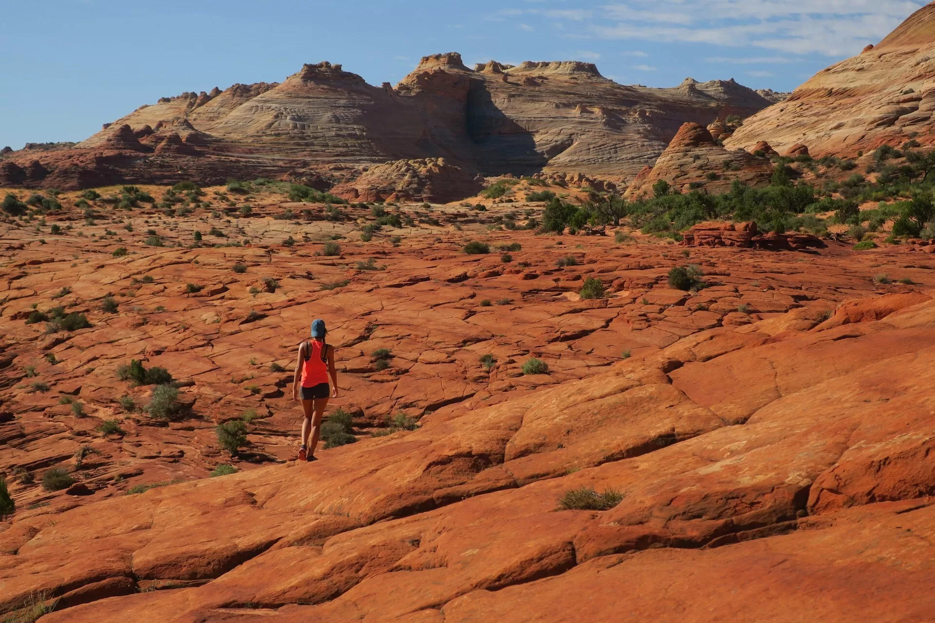 Wandelaar op de rode zandvlakte in Kanab