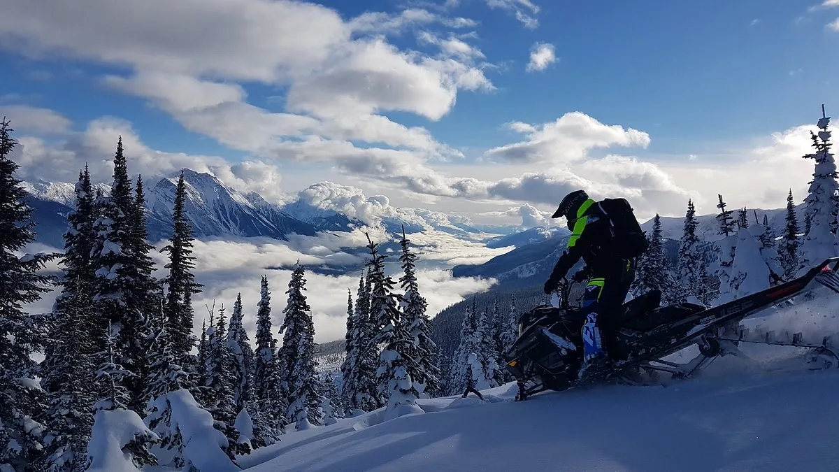 Iemand op een sneeuwscooter op een besneeuwde berg nabij het Hotel Best Western Plus Valemount