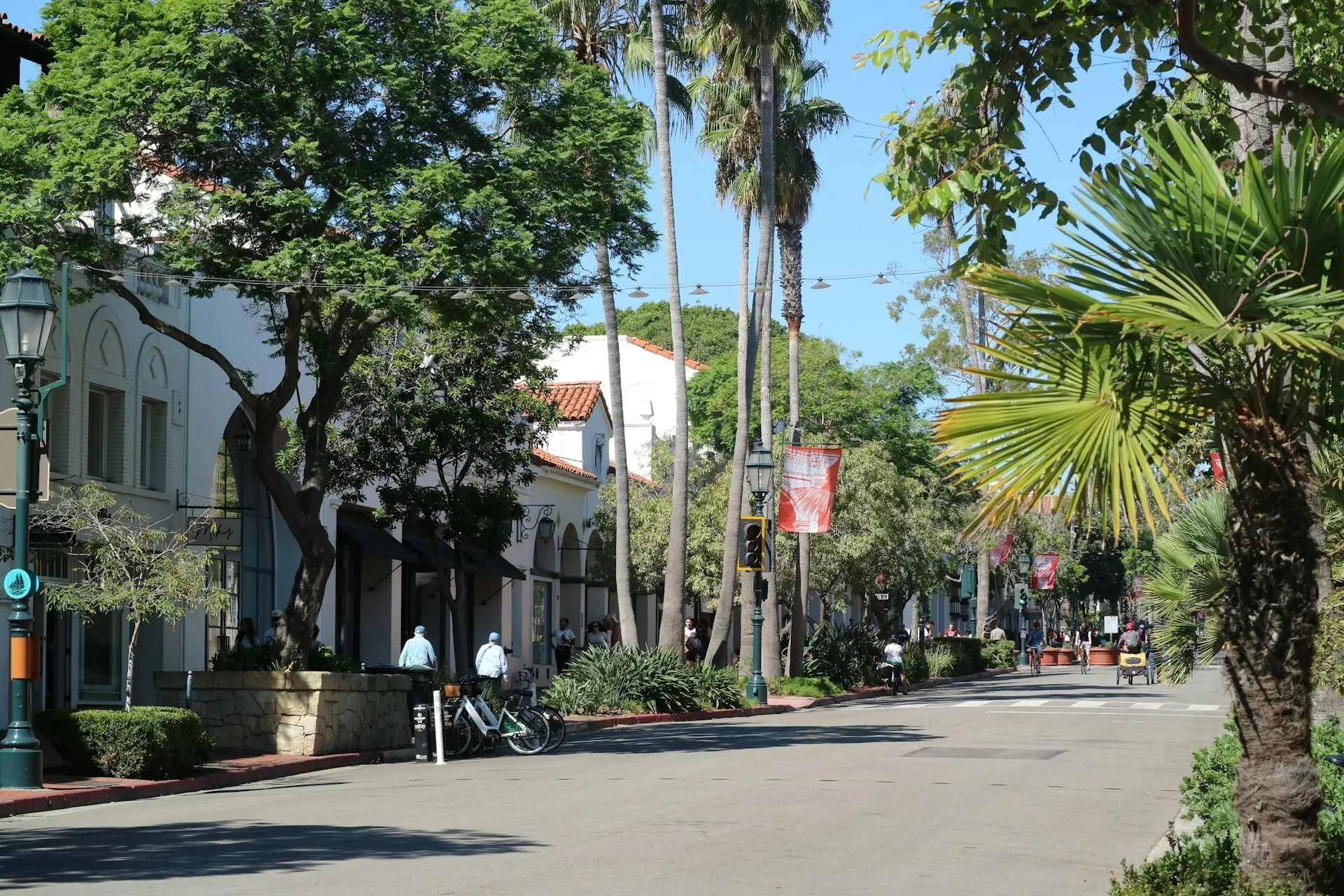 Straat met palmbomen en witte gevels in Santa Barbara Californië
