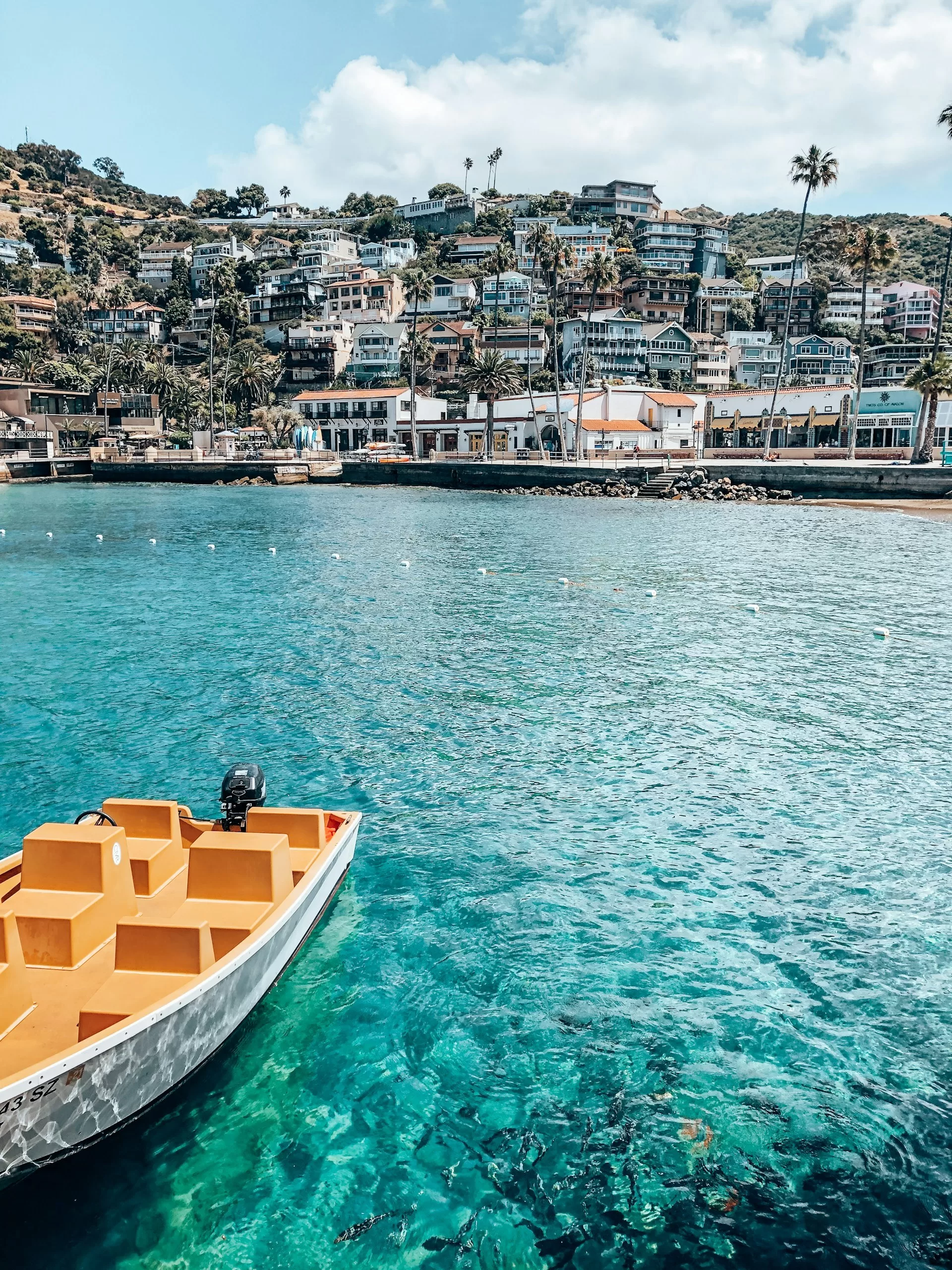 Een bootje op het water in Santa Catalina Island, Californië met huizen op een berg op de achtergrond