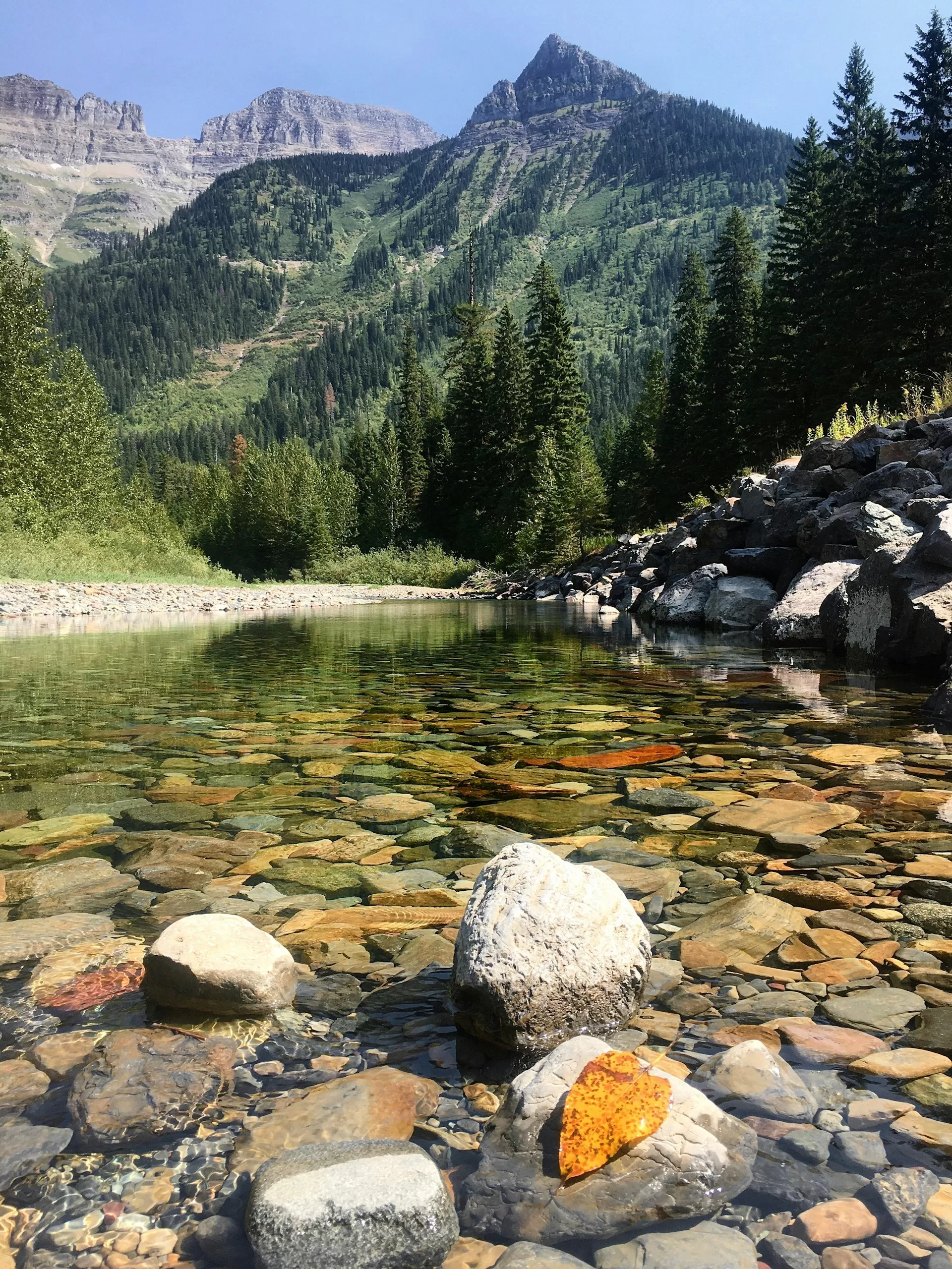 Een helder meertje met rotsen op de achtergrond in Glacier National Park, Montana