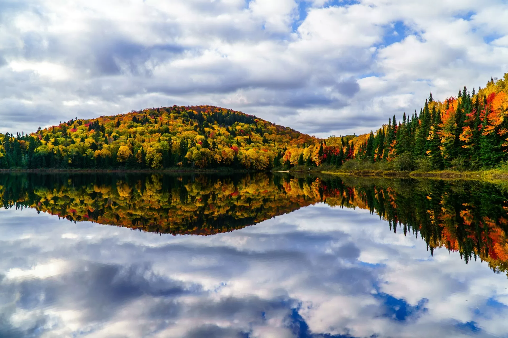 Gekleurde bomen langs een meer in het Tremblant National Park in Quebec