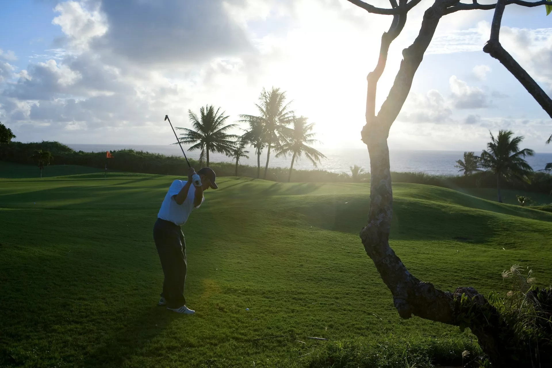 Een golfer op een golfbaan aan zee op Hawaii