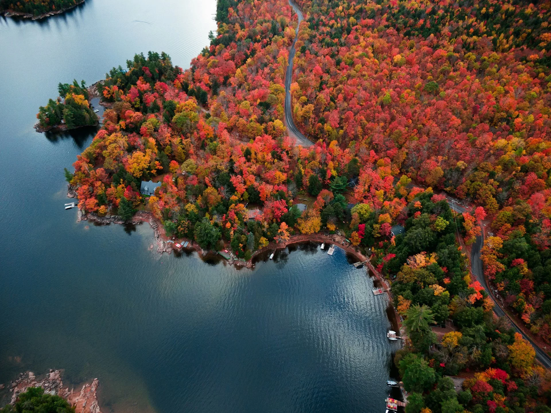 Gekleurde bomen langs het water in het noorden van Ontario