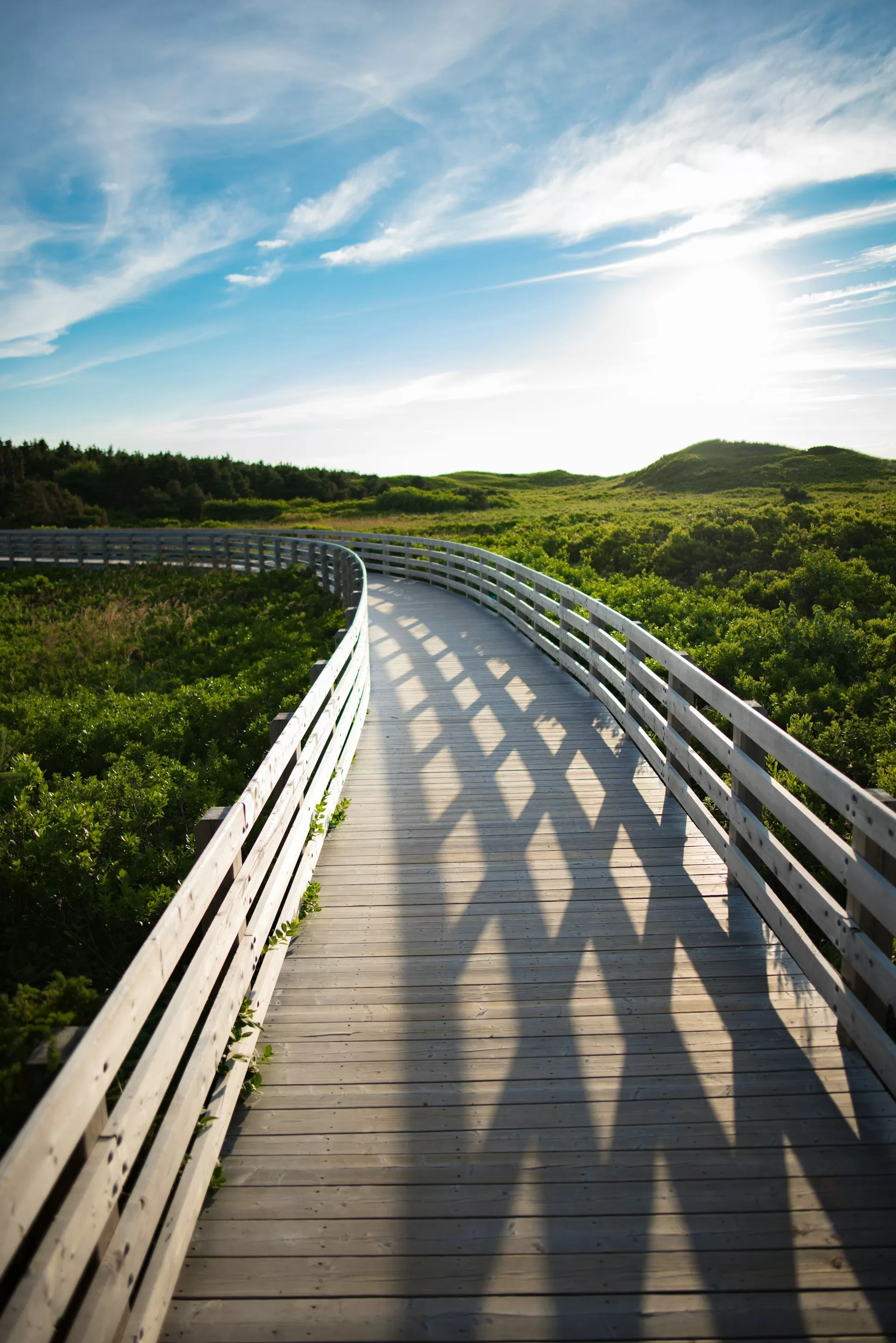 Een houten wandelpad door Greenwich National Park in Prince Edward Island