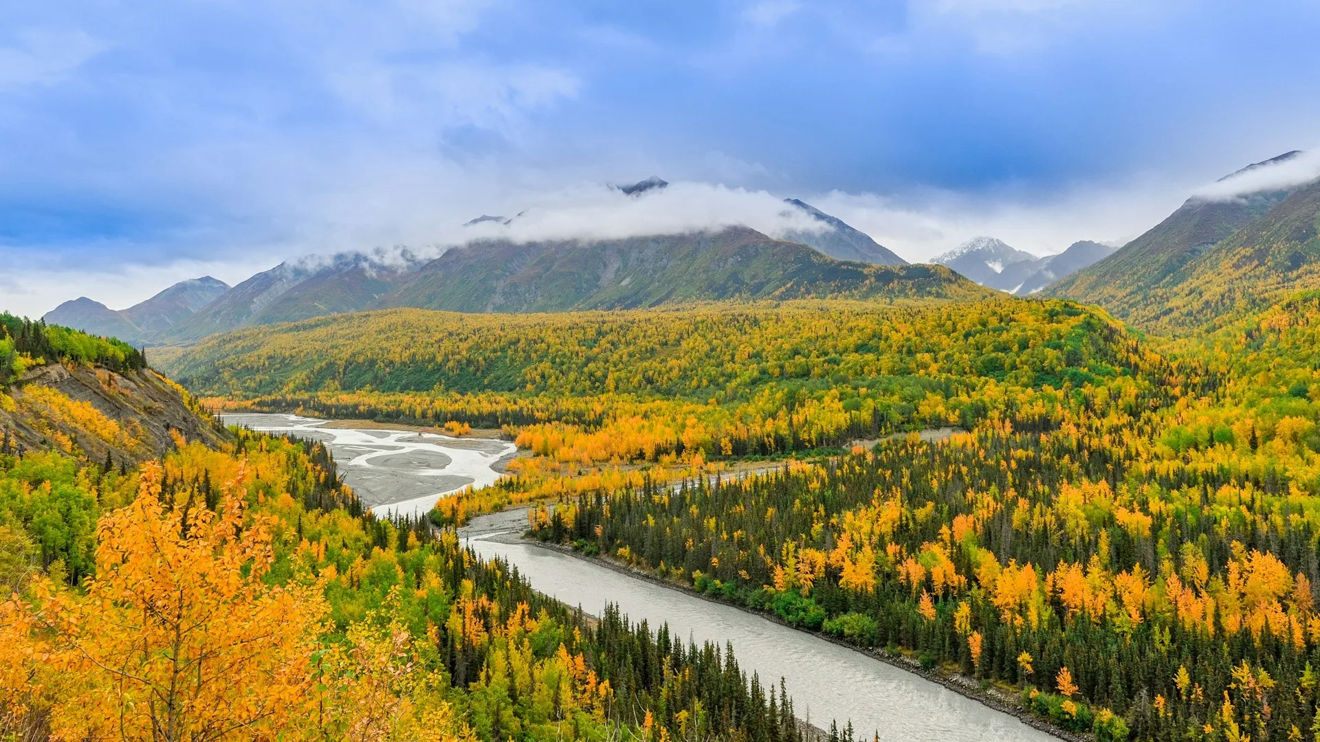 Uitzicht over de gekleurde bossen langs een rivier in Kenai, Alaska