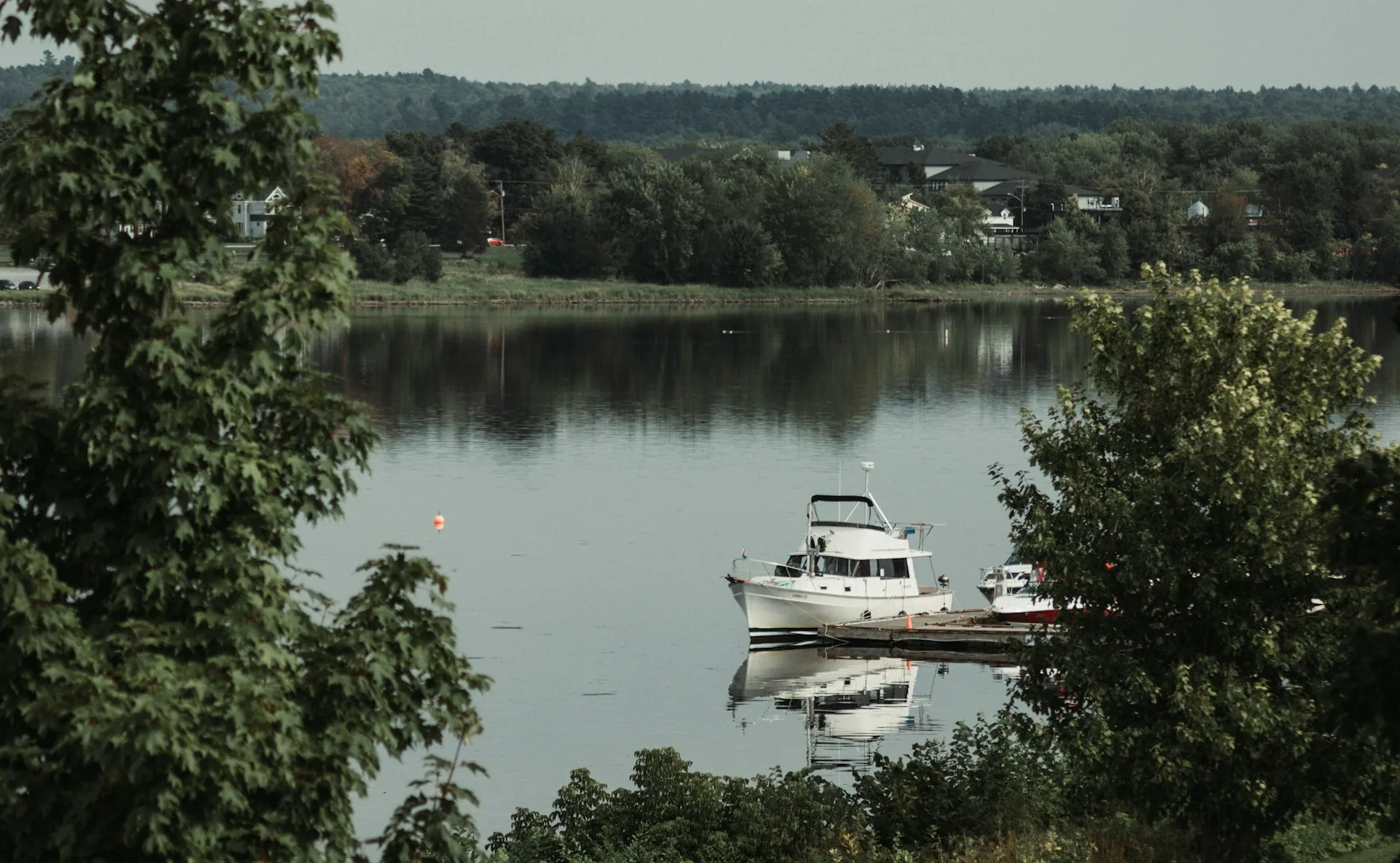 Uitzicht over boten op een meer in Fredericton, New Brunswick