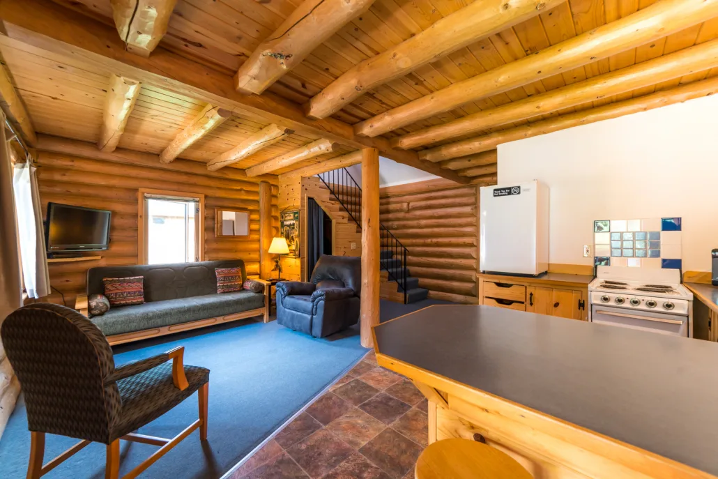 Woonkamer in een standaard cabin in het Hotel Talkeetna Cabins