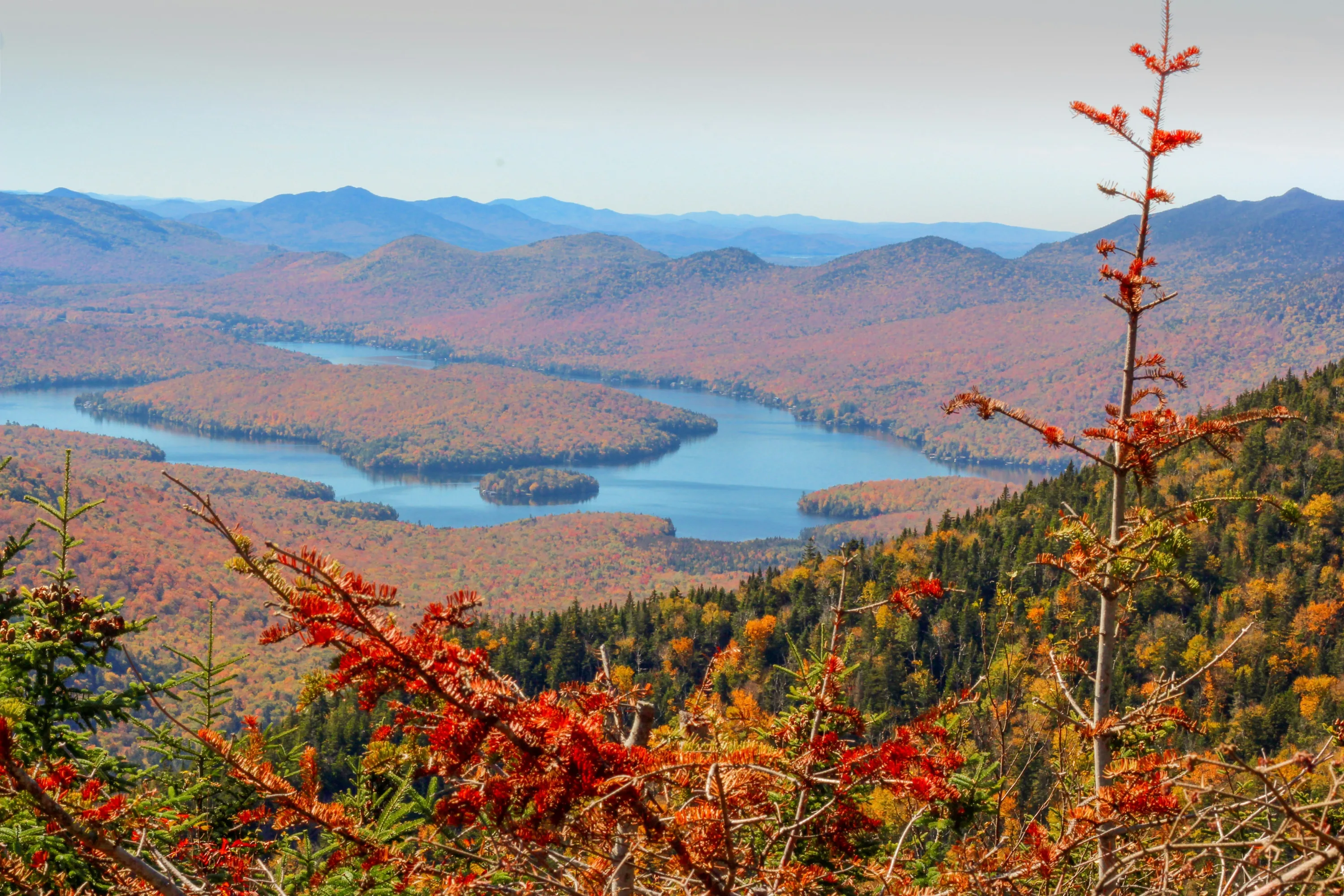 Uitzicht over de gekleurde bomen langs het water van de Adirondack Mountains