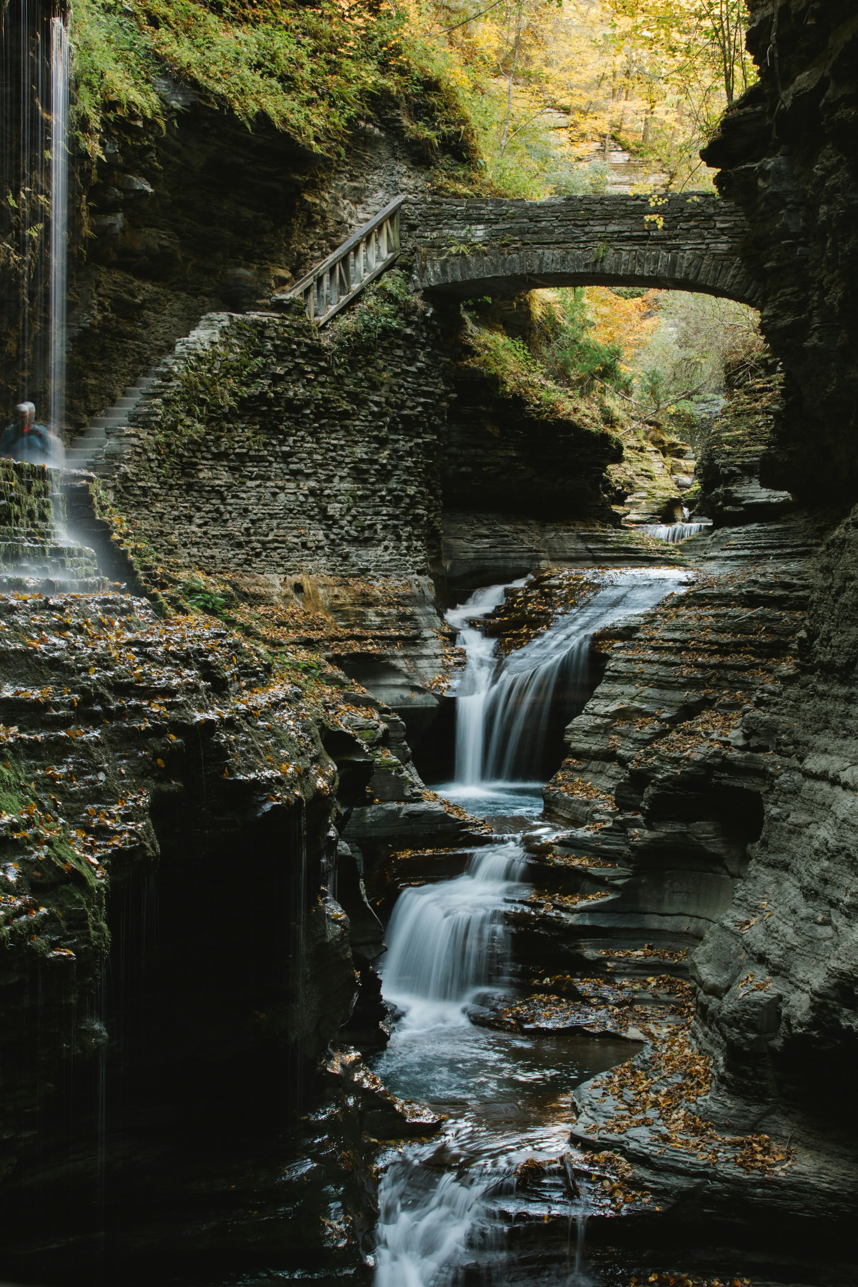 Een brug met watervallen in Watkins Glen