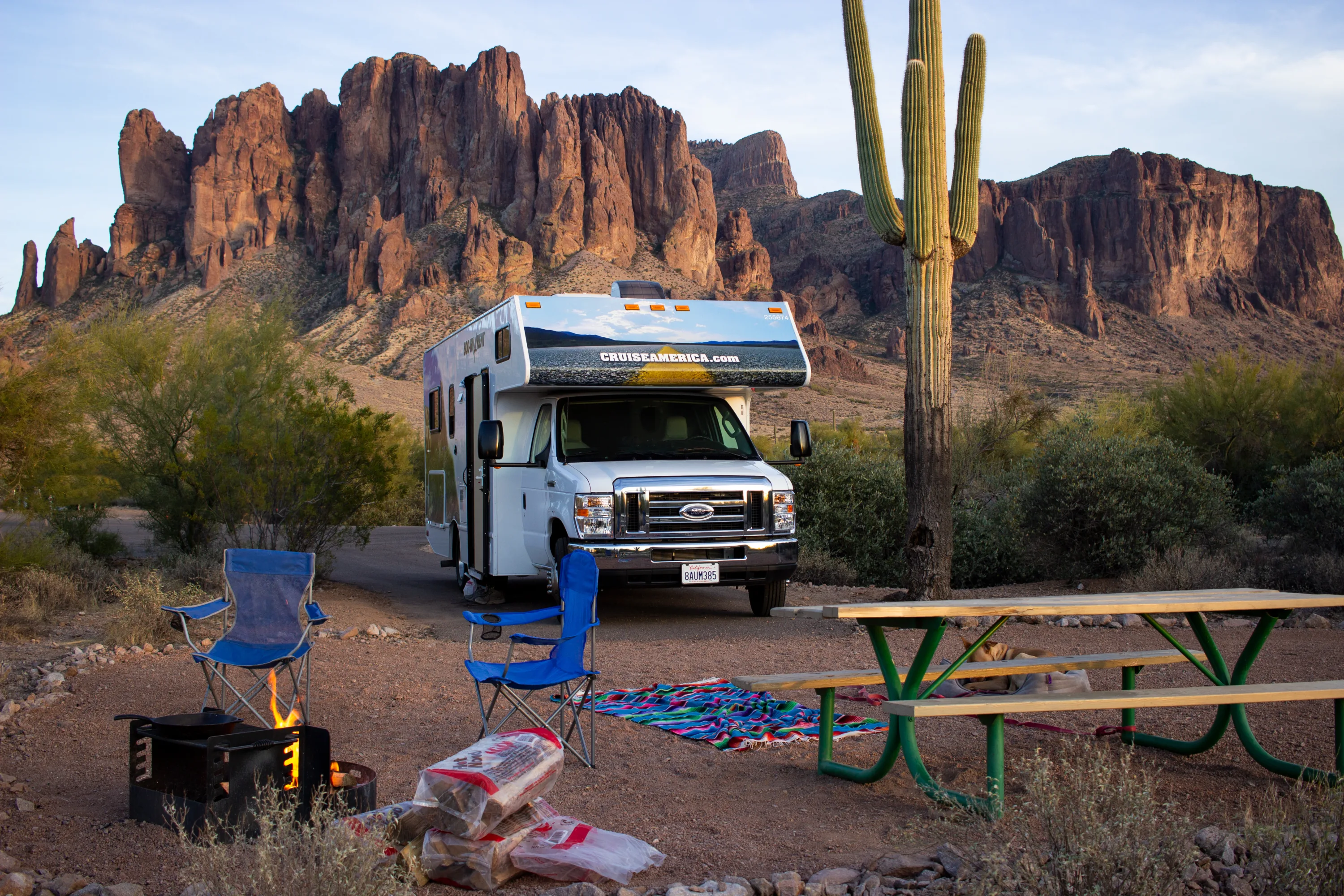 Cruise America camper op kampeerplek bij een cactusboom in Arizona met de red rocks op de achtergrond.