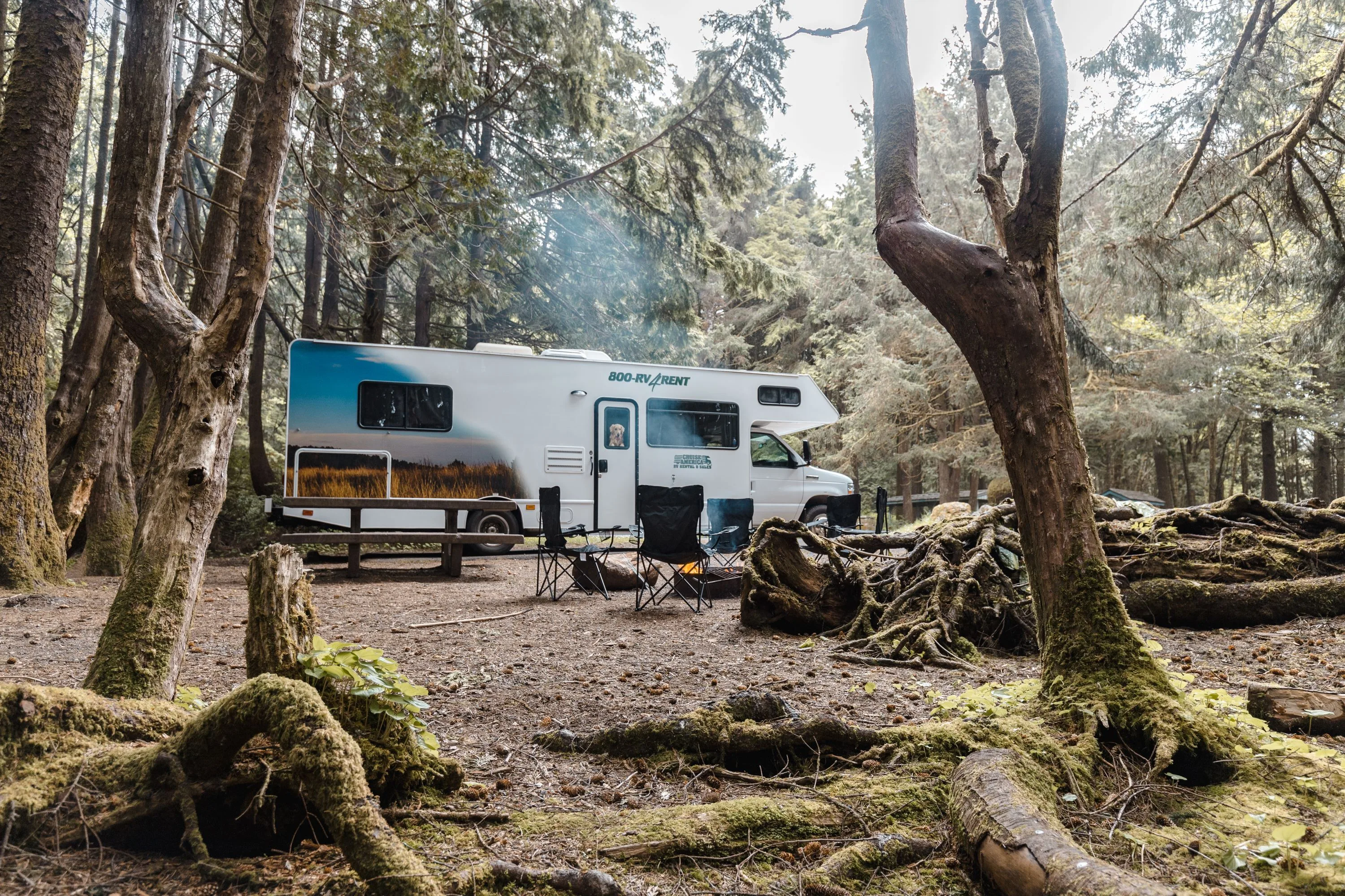 Een Cruise America camper tussen de bomen