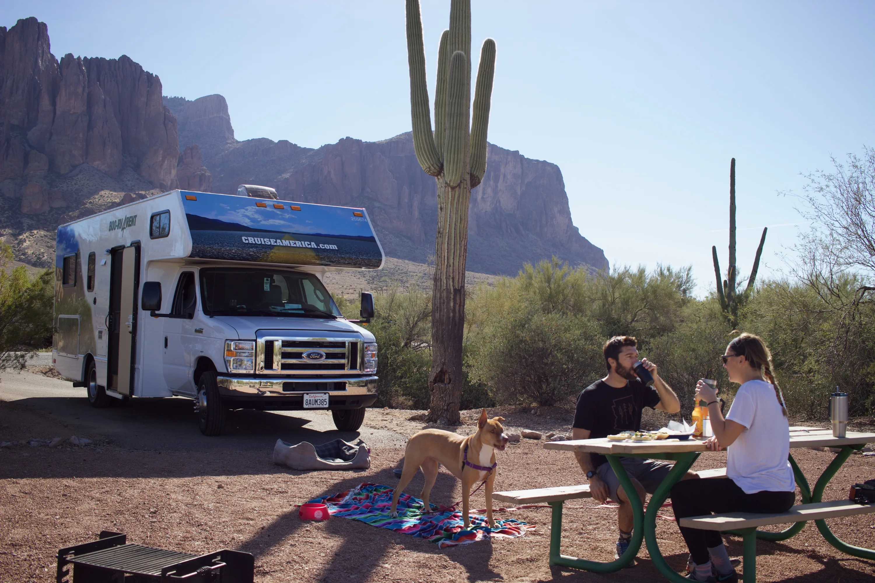 Camper van Cruise America met mensen picknickend bij een cactusboom in Arizona
