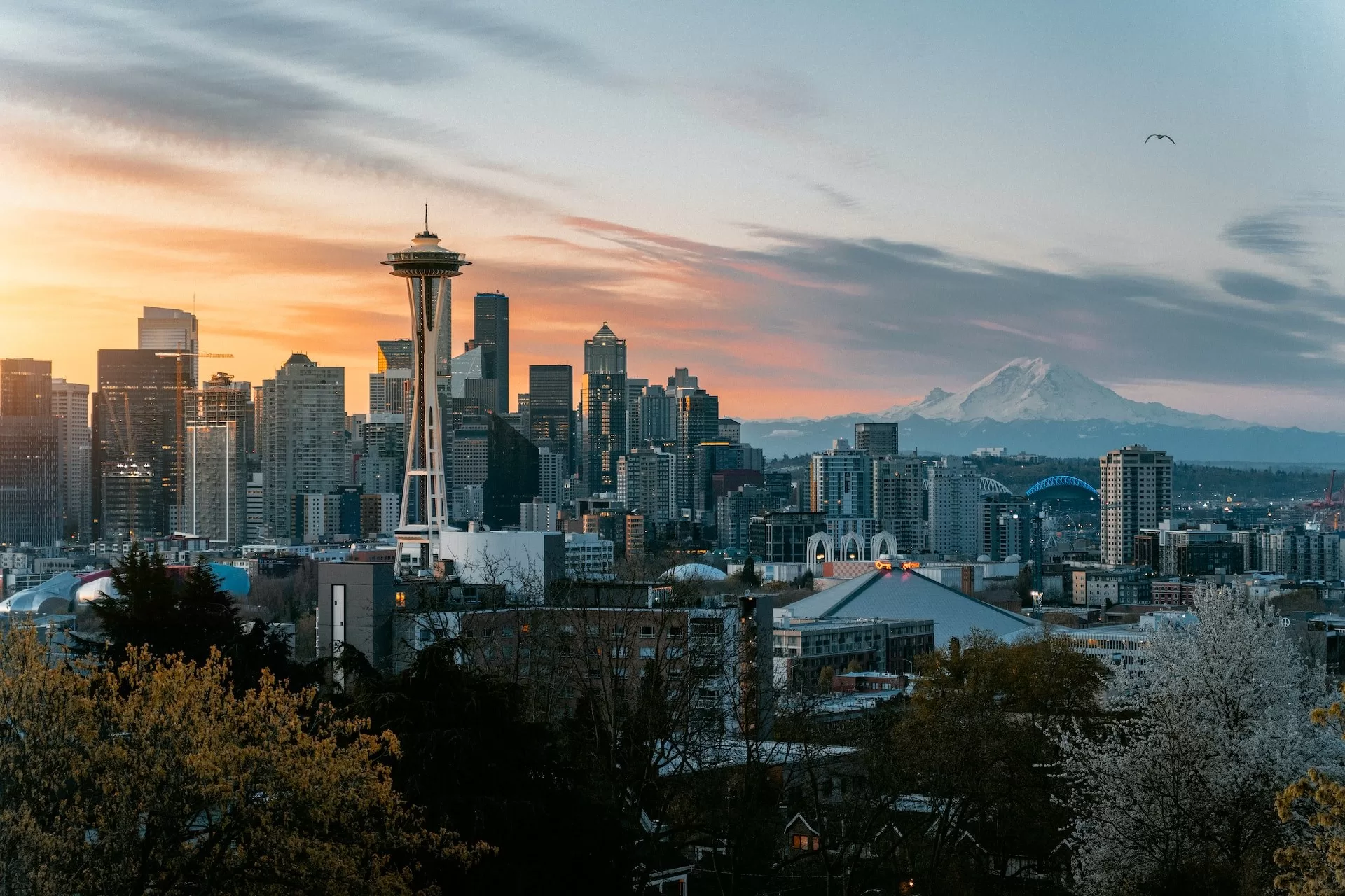 De skyline van Seattle met de Space Needle als middelpunt