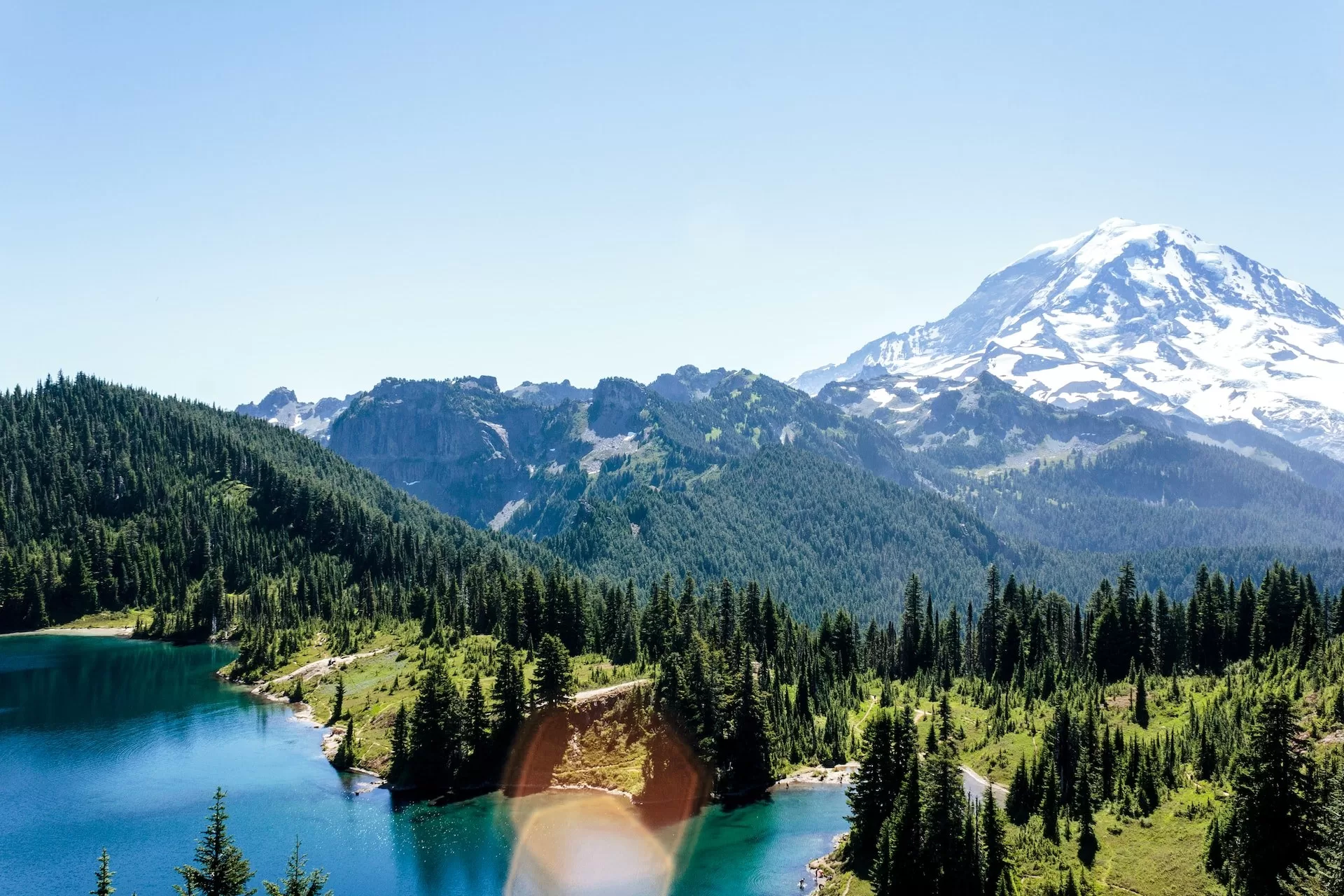 Dennenbomen aan de oever van een meer met besneeuwde bergen op de achtergrond in Mount Rainier National Park