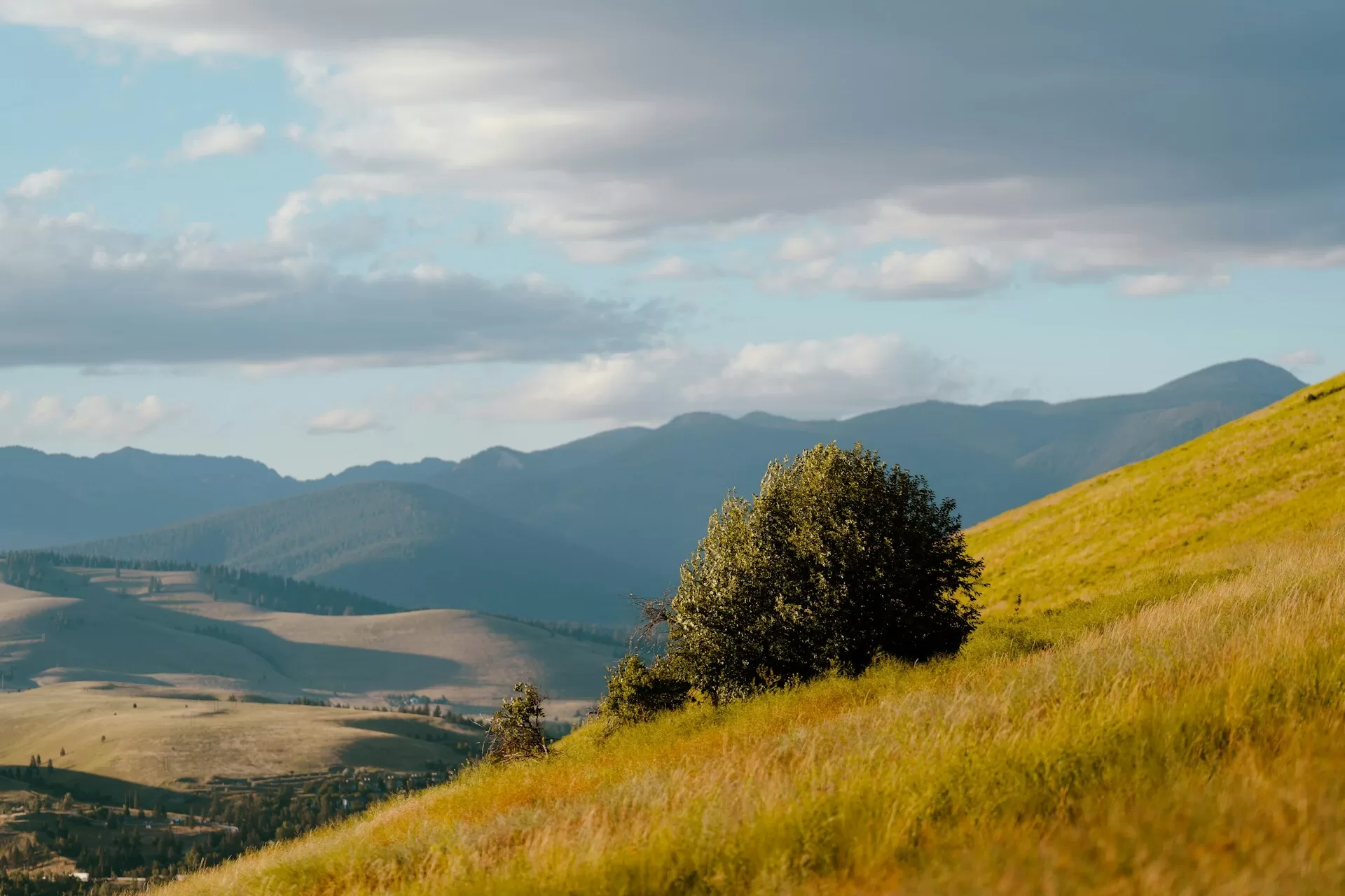 Uitzicht over heidevelden tussen de bergen in Missoula, Montana
