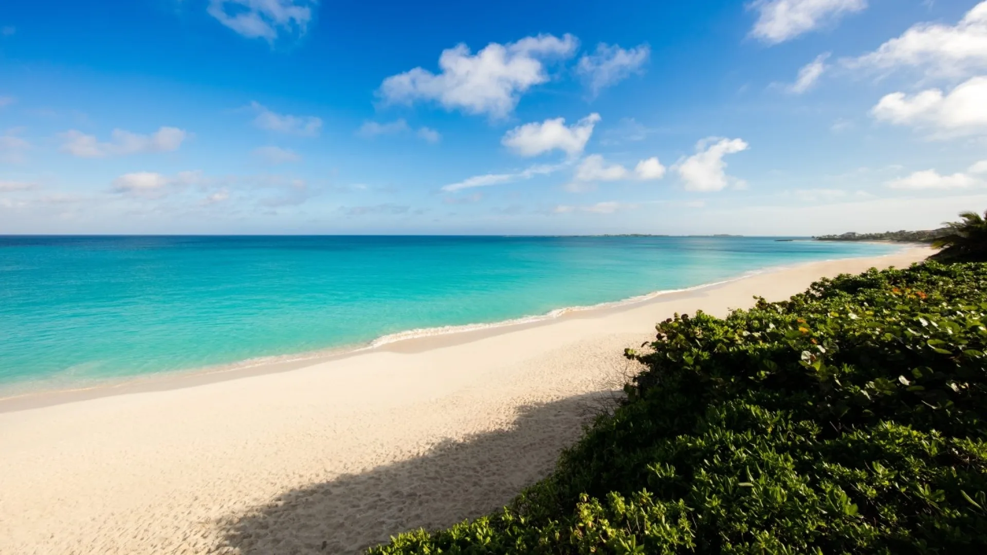 Het witte strand en helderblauwe water van Paradise Beach op de Bahama's