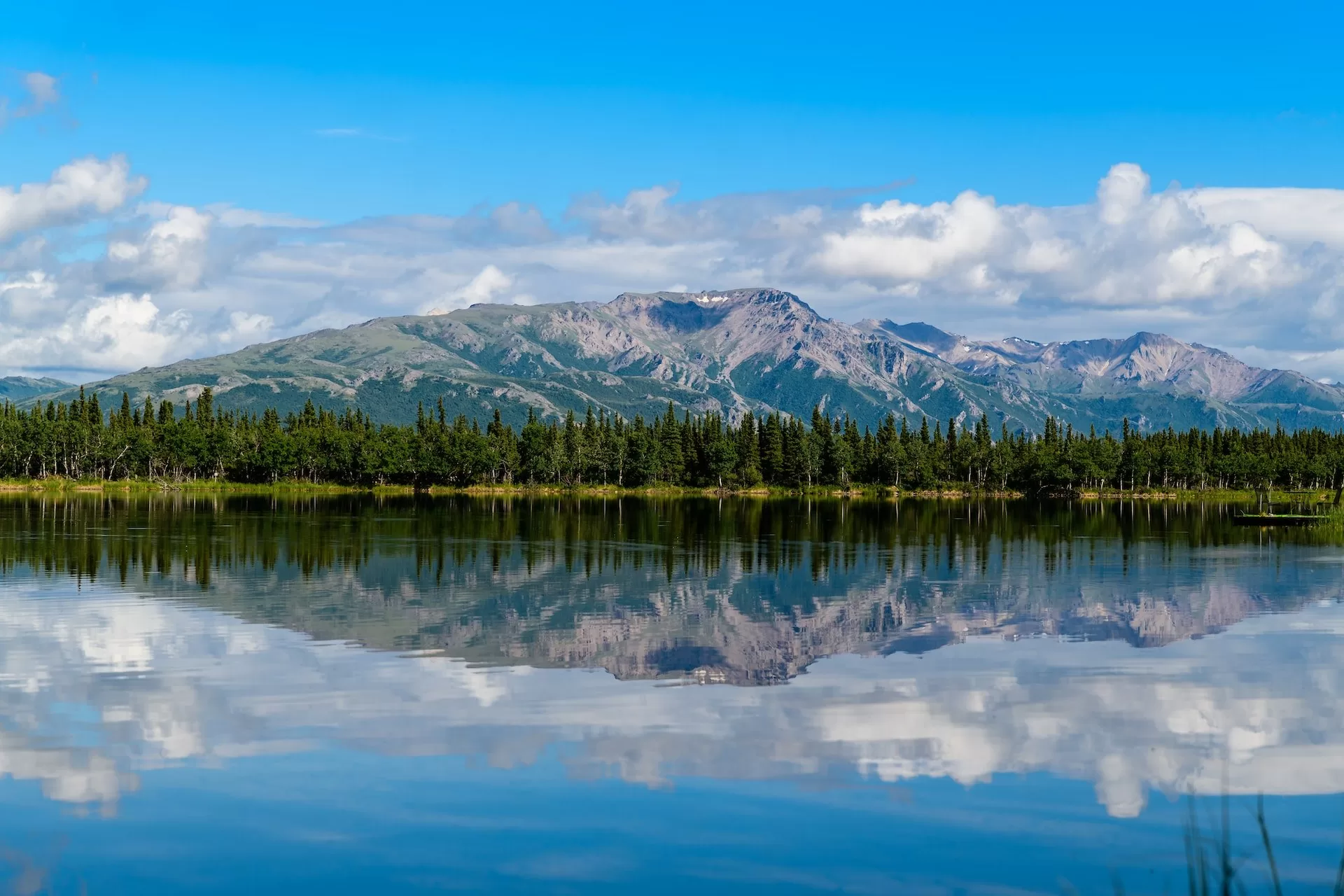 Bergen van Denali National Park met een meer op de voorgrond in Alaska