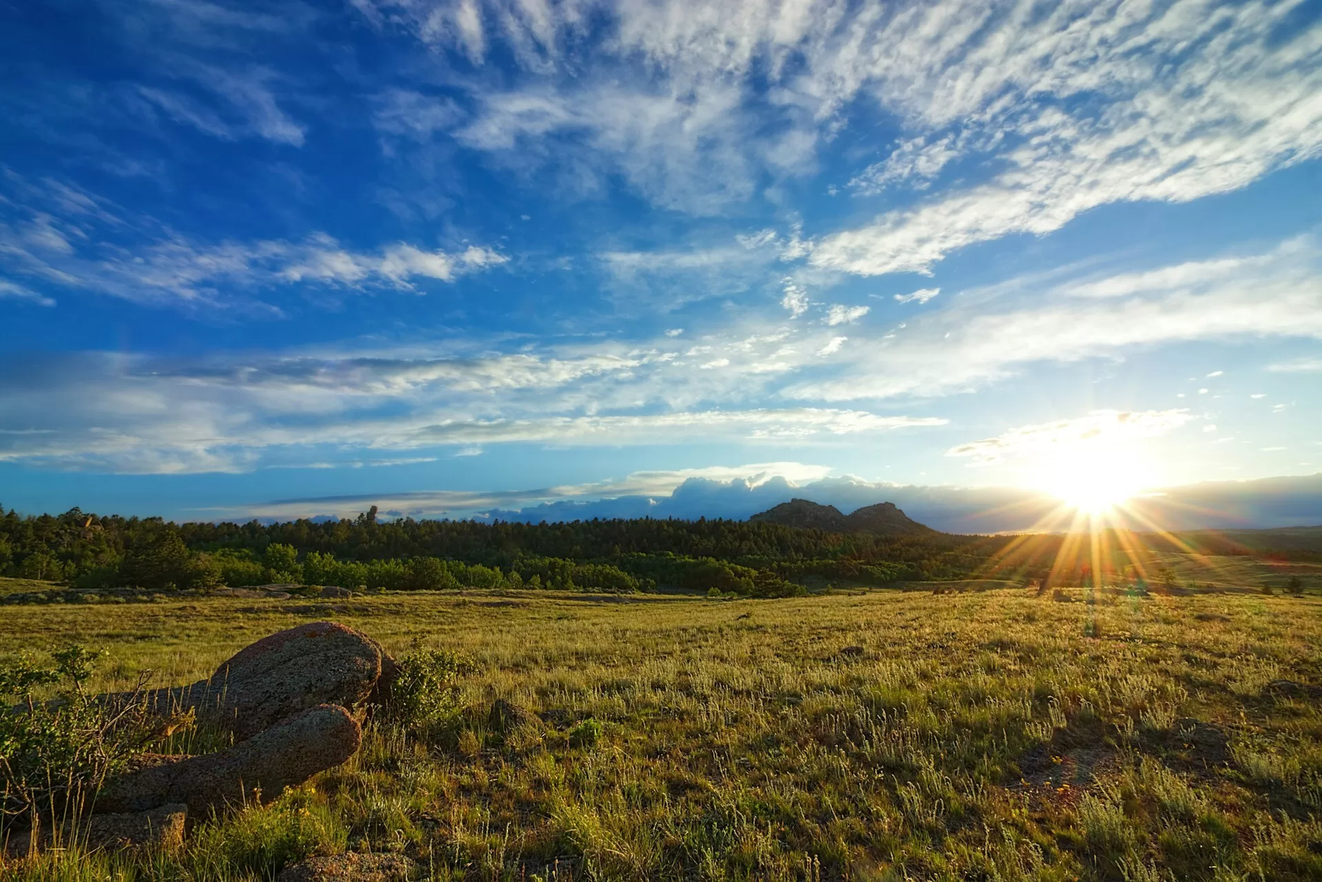 Uitzicht over een weideveld in Cheyenne tijdens zonsopkomst