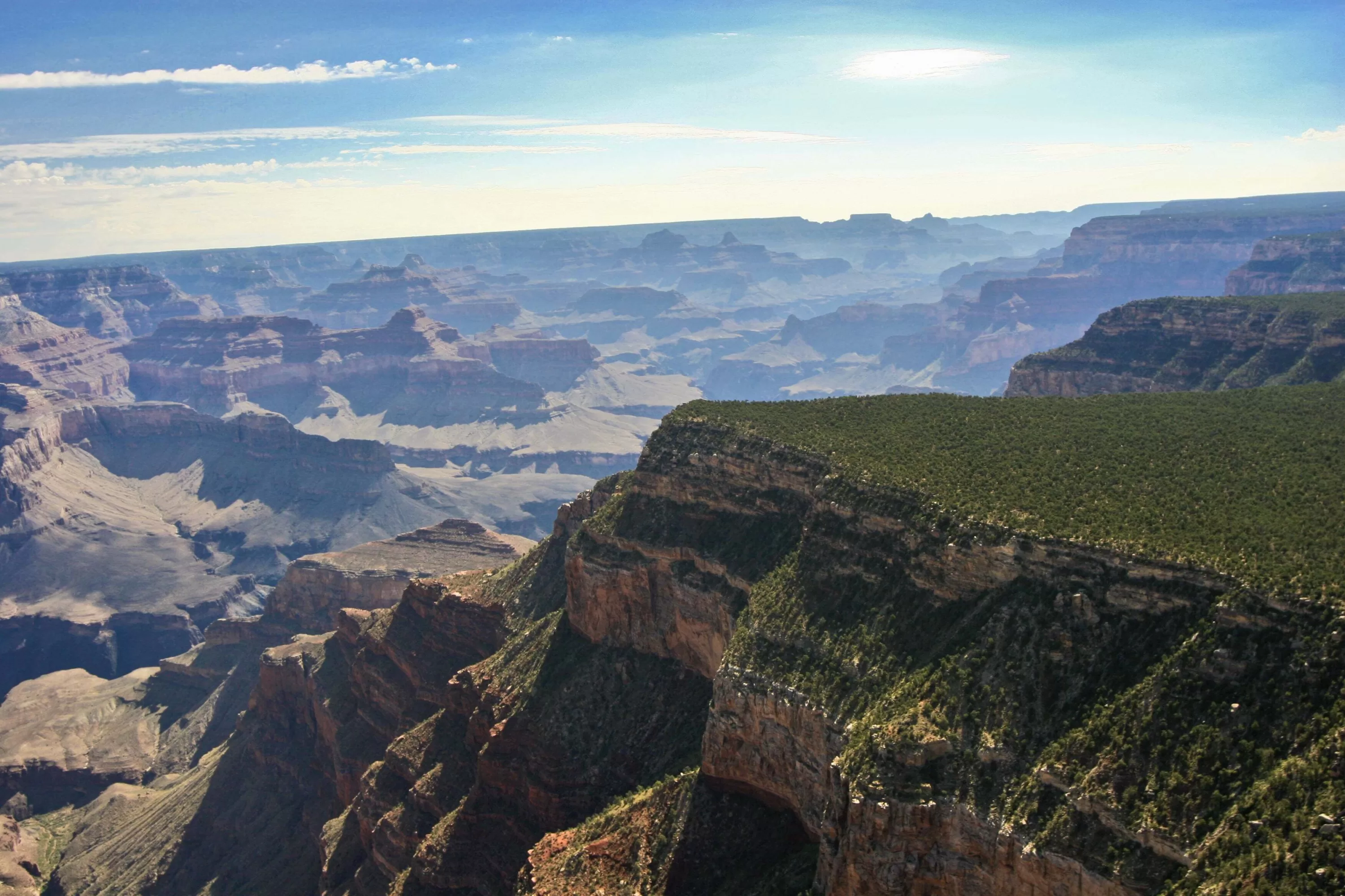 Luchtfoto van de groene Grand Canyon met weelderige vegetatie tussen de rotsformaties op een heldere dag