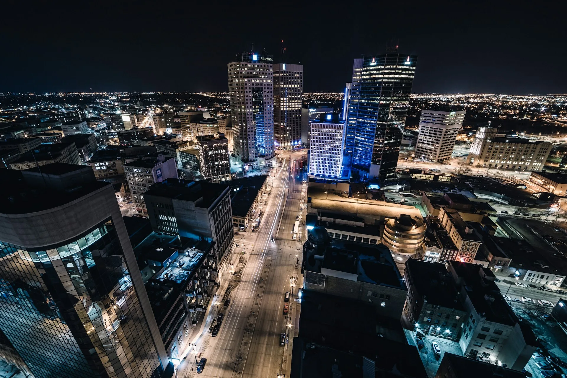 Uitzicht over de stad Winnipeg in Manitoba in de nacht