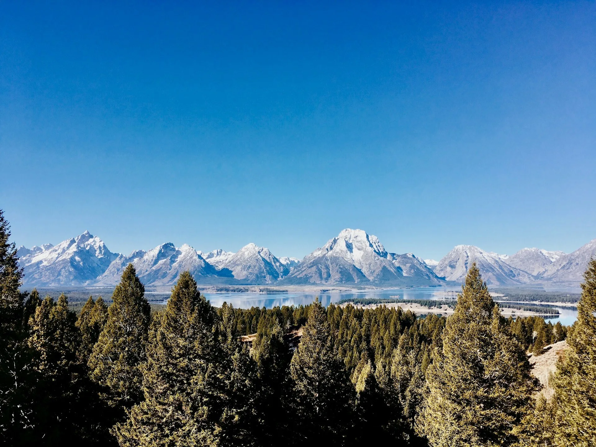 Uitzicht over Grand Teton National Park met besneeuwde bergen op de achtergrond