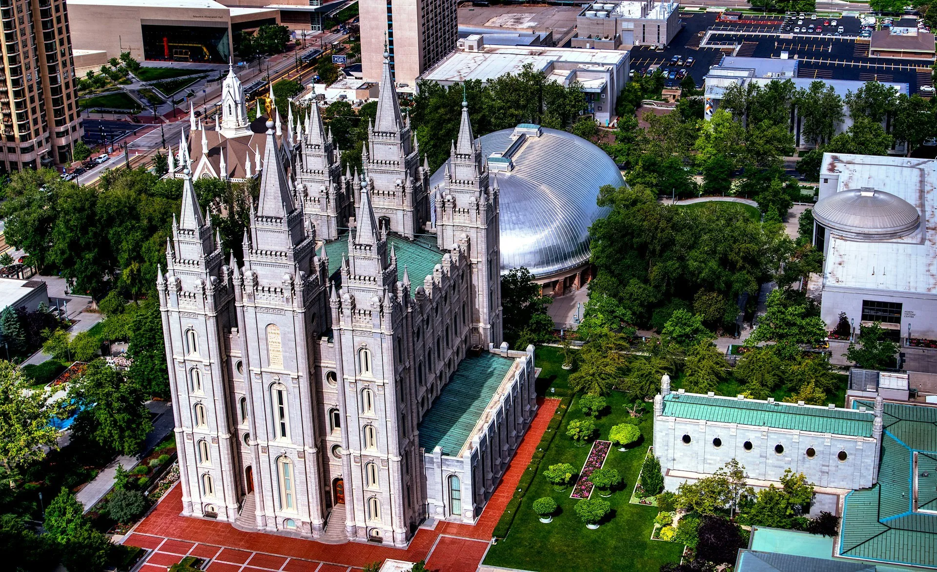 Luchtfoto van de Mormonenkerk op Temple Square in Salt Lake City Utah