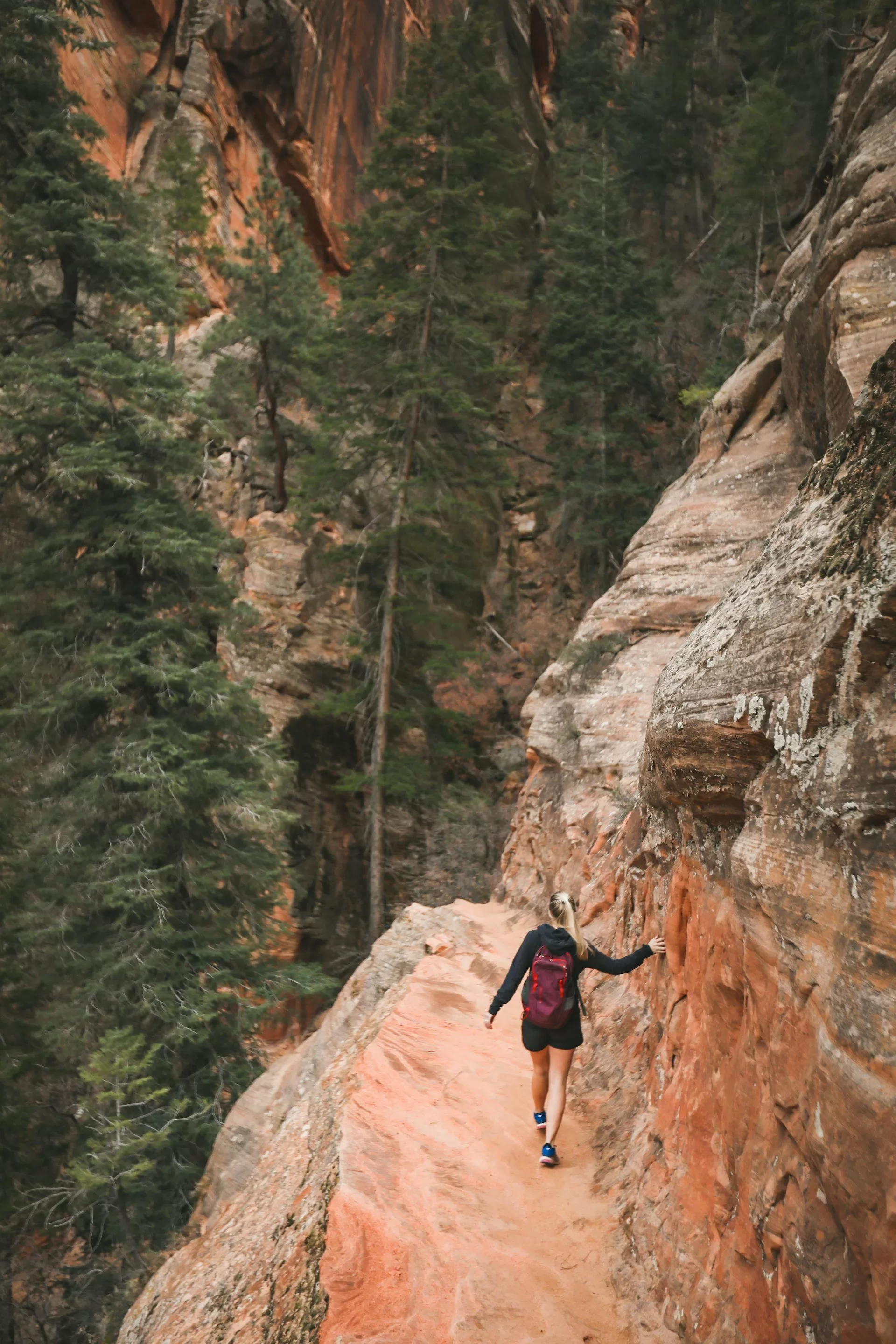 Een wandelaar op de Angel's Landing Trail in Zion National Park, Utah