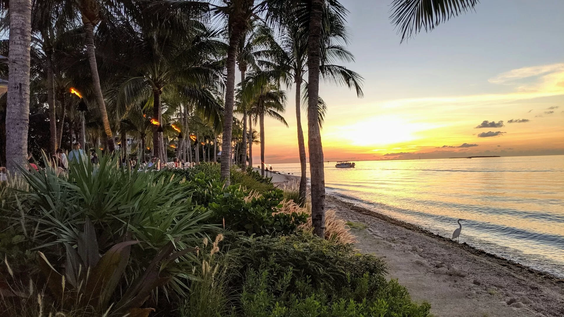 Een strand vol palmbomen tijdens een zonsondergang op Sunset Key in Florida
