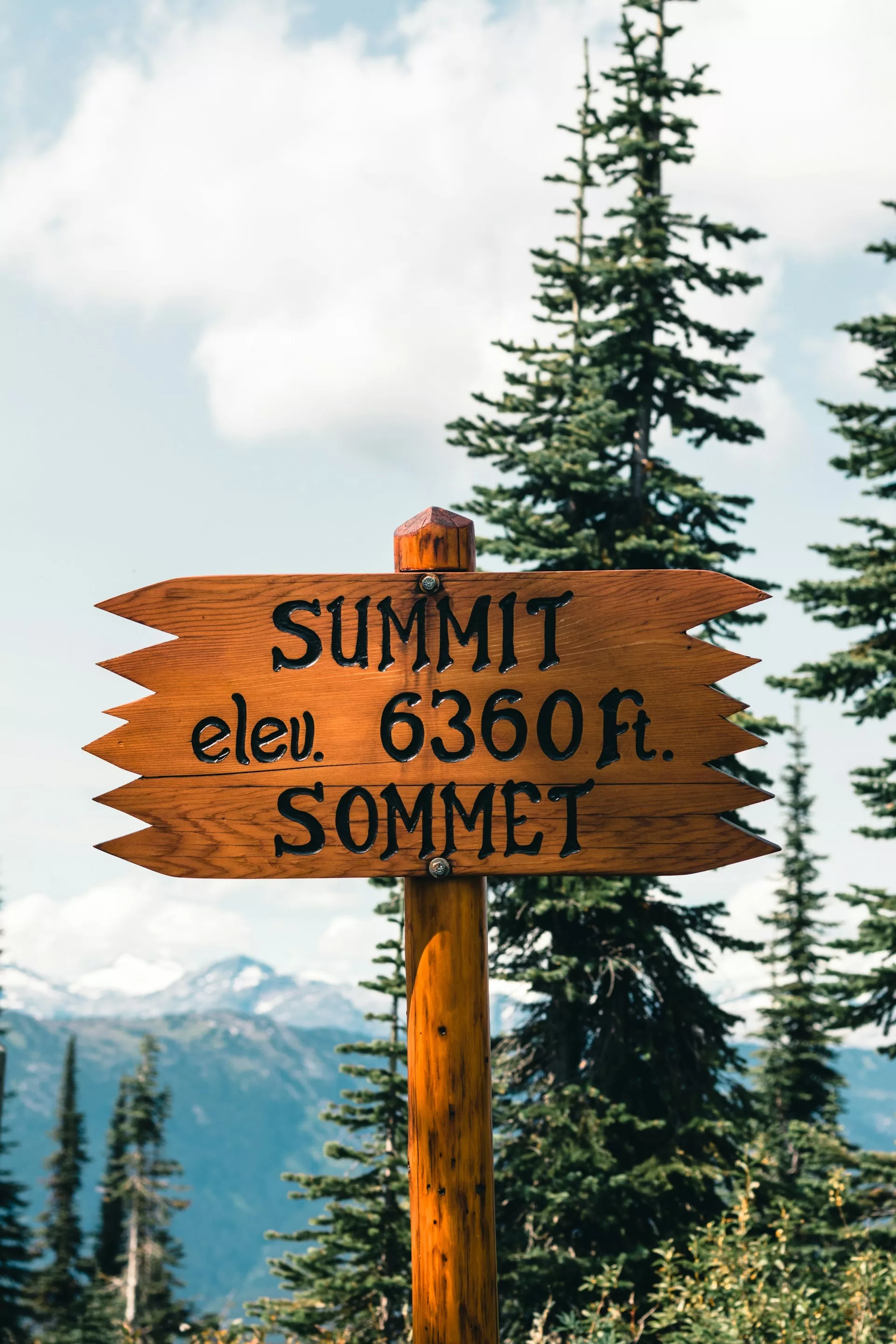 Houten bord met hoogte aanduiding op Mount Revelstoke in Canada