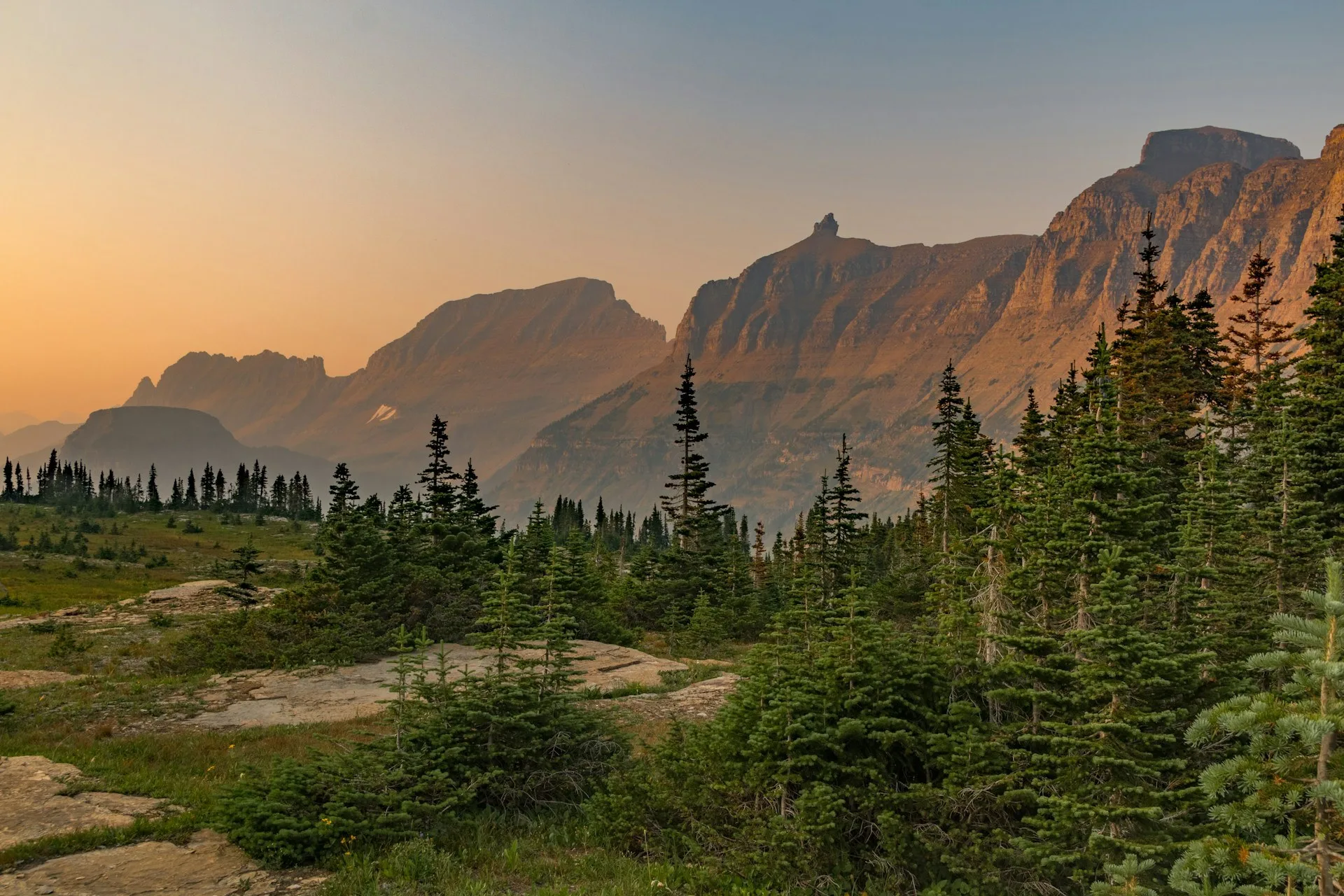 Glacier National Park in Canada tijdens het gouden uur, met verlichte bergen en bossen